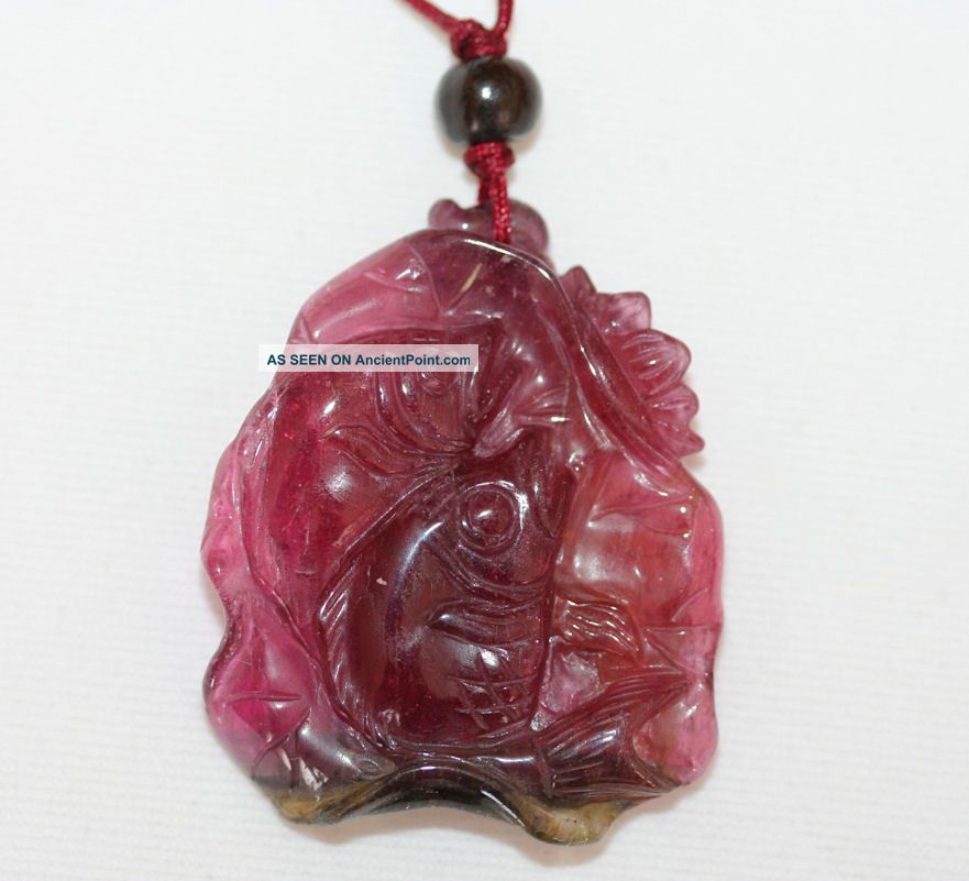 Antique Chinese Watermelon Tourmaline Double Fish Lotus Pendant Necklace Necklaces & Pendants photo