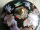 Vtg Cloisonne Lidded Bowl Black Ground Chrysanthemum And Bird Geometric Border Cloisonne photo 2