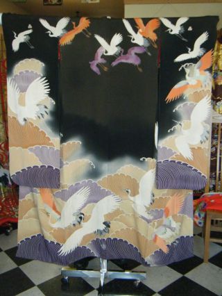 Vintage Hand - Painted Kimono With Cranes - Rare photo