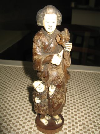 Estate Sale Rare Found Vintage Japanese Okimono Statue Wood W/ox Bone 6 