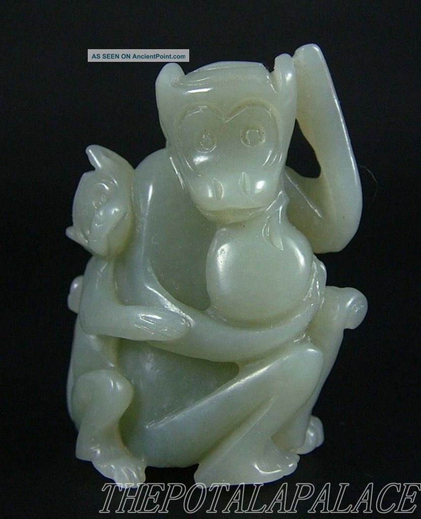 Old Chinese Nephrite Celadon Jade Double Monkey Toggle/statue 18/19thc Monkeys photo
