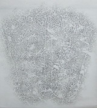 G906: Japanese Buddhist Scroll Buddha Footprint Rubbed Copy With Box. photo