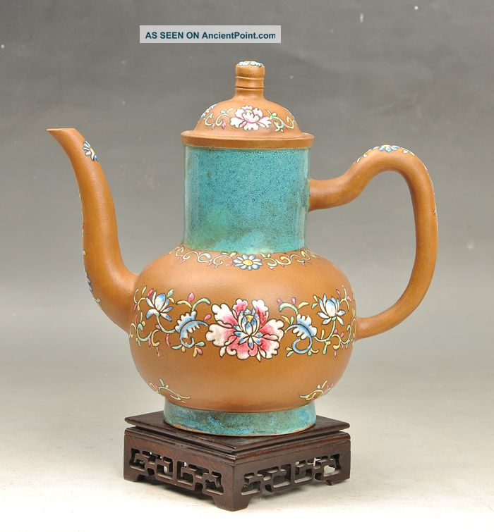 Antique 19th Century Chinese Yixing Teapot Painting Flowers Teapots photo