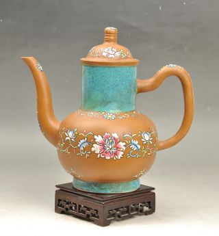 Antique 19th Century Chinese Yixing Teapot Painting Flowers photo
