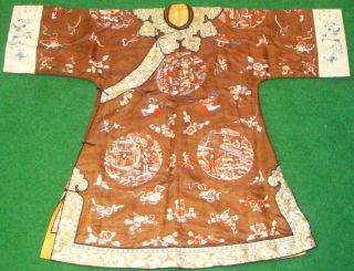 Antique Chinese Silk Ladies Embroidered Robe Gold Couched Thread + Sleeve Bands photo