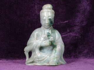 Antique 19c Chinese Carved Green Jade Kuanyin 6.  25 