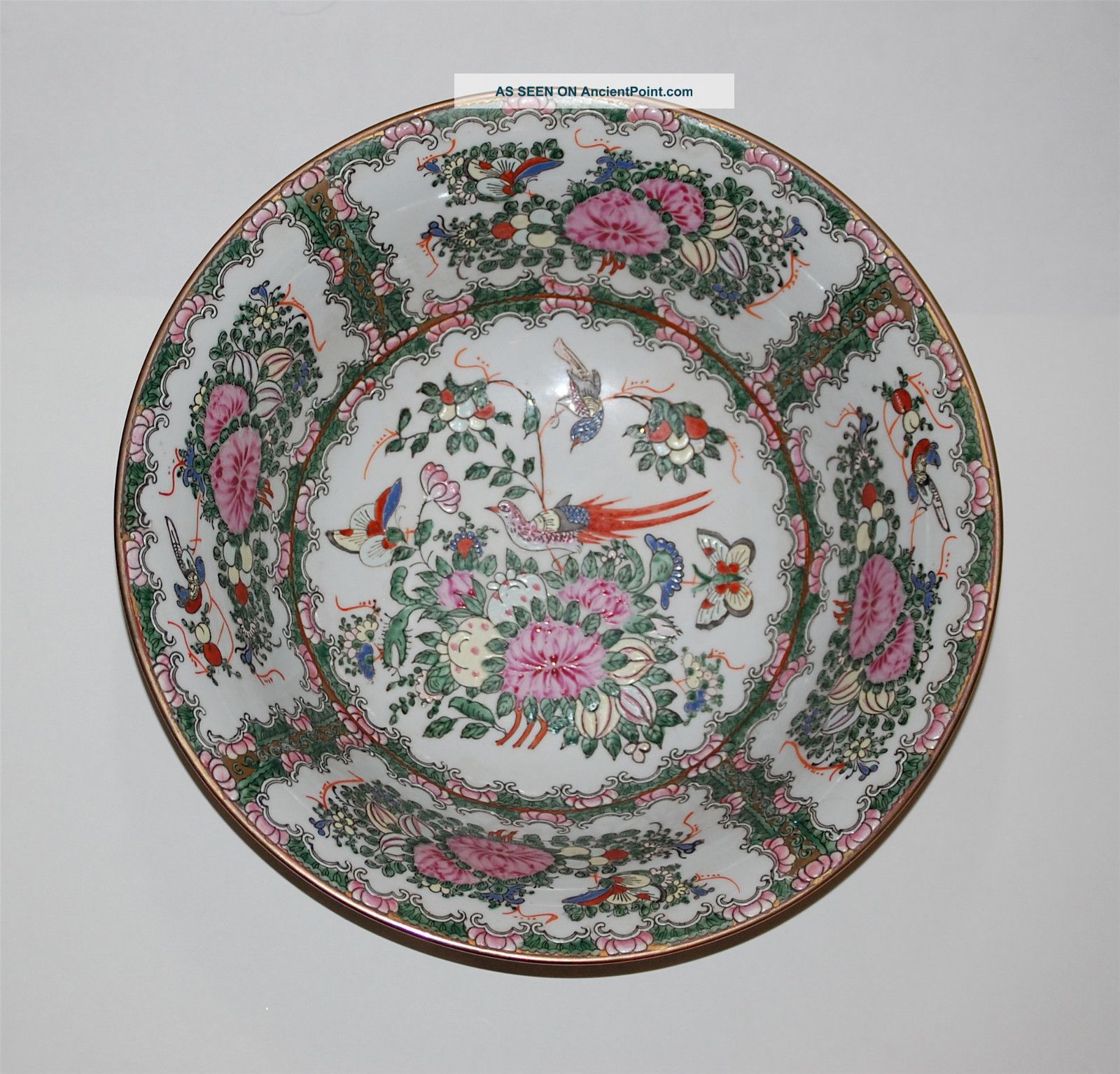 13 - Inch Chinese Rose Medallion Punch Bowl With Birds & Peonies,  Enamel & Gilt Bowls photo