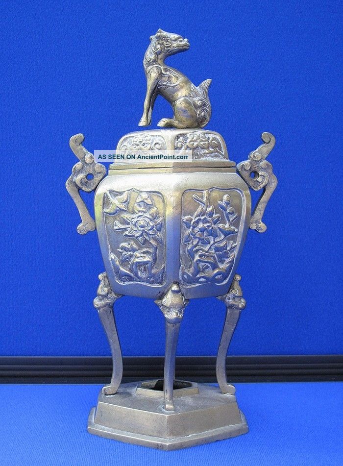 Antique Chinese Bronze Incense Burner Censer With Temple Lion & Chased Dragons Incense Burners photo