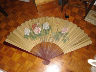 Very Rare Antique Chinese 90 Cm Wall Fan Handpainted W/ Text Signed photo