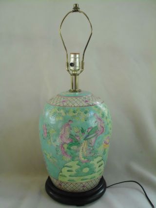 Vintage Chinese Famille Porcelain Lamp Phoenix & Crane Hand Painted photo