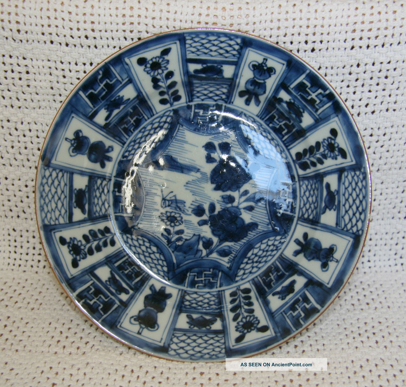 Antique Chinese Blue & White Plate Kangxi Period 18th Century Grasshopper Plates photo