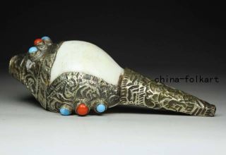 Nepal Tibet Old Miao Silver/ Conch Handwork Inlay Turquoise/ Coral Horn Decorate photo