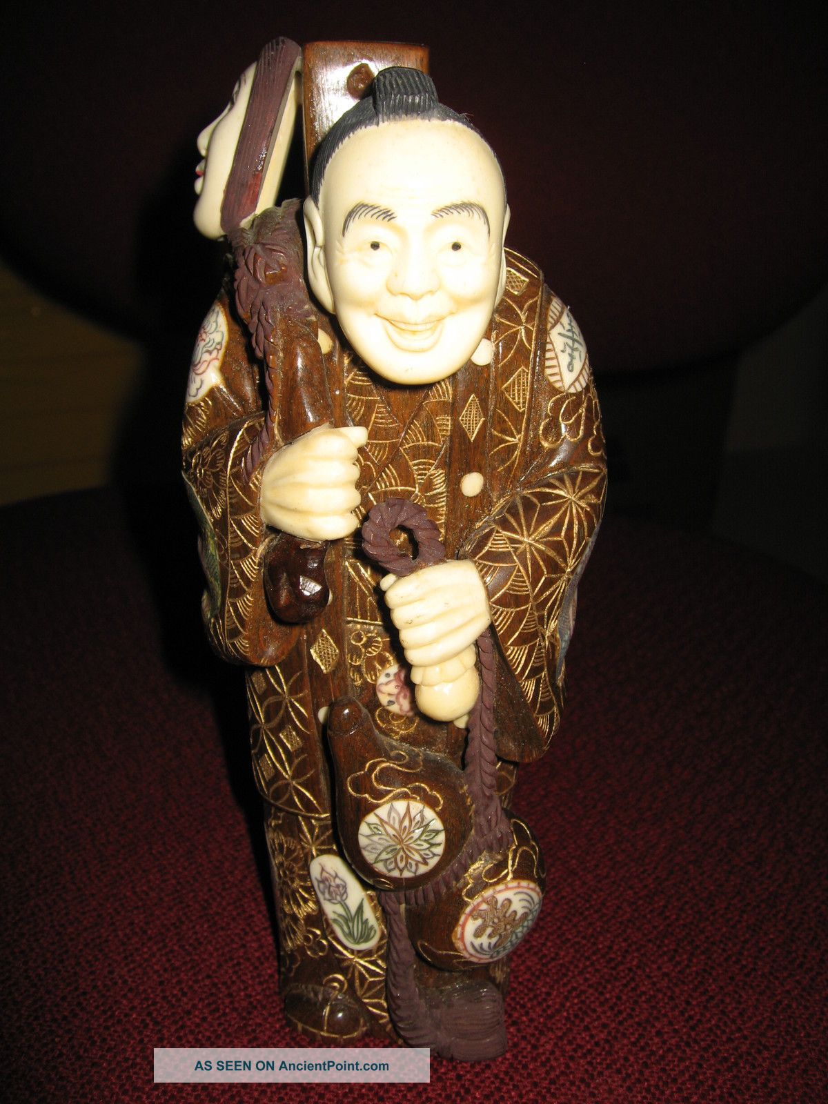 Rare Found Hard Wood W/i Carved Japanese Entertainer 8 