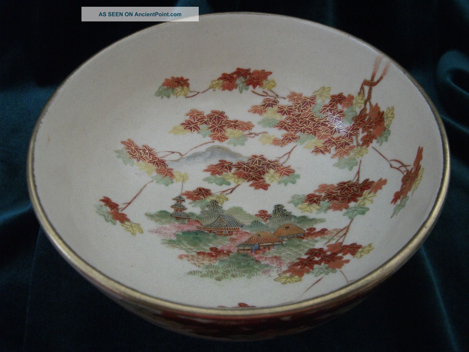 Signed Bowl Japanese Satsuma Maple Leaf Landscape Bowls photo