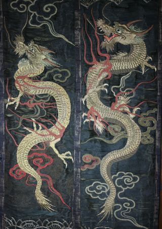 Pair Antique Japanese Embroidered Silk Dragon Hangings For Reworking photo