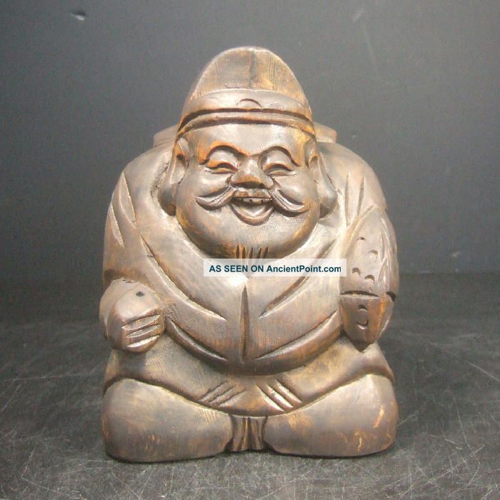 F560: Real Old Japanese Wood Carving Ebisu Statue Good Work. Statues photo