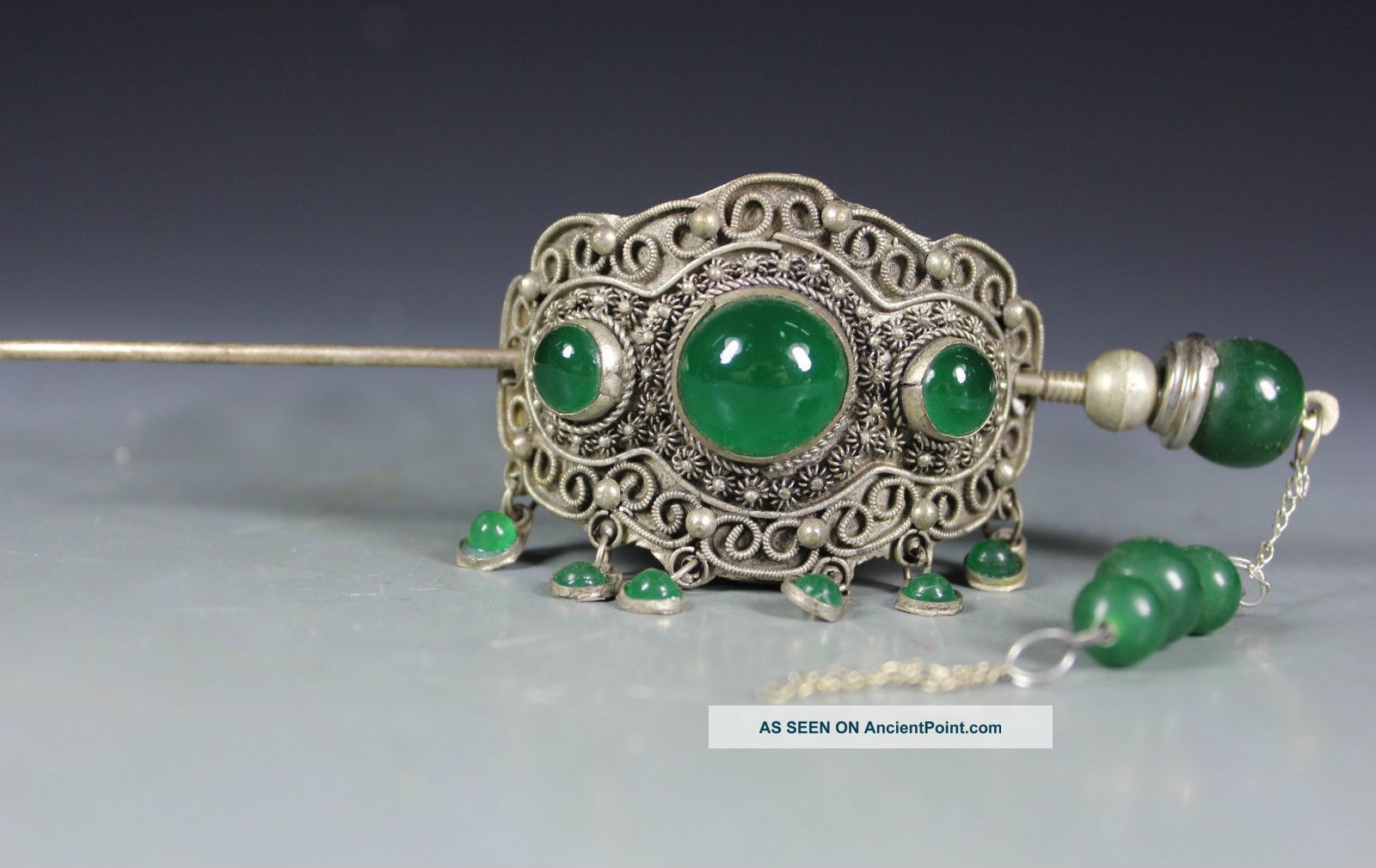 Asian Tibetan Handwork Miao Silver Inlay Jade Hair Pin Other photo