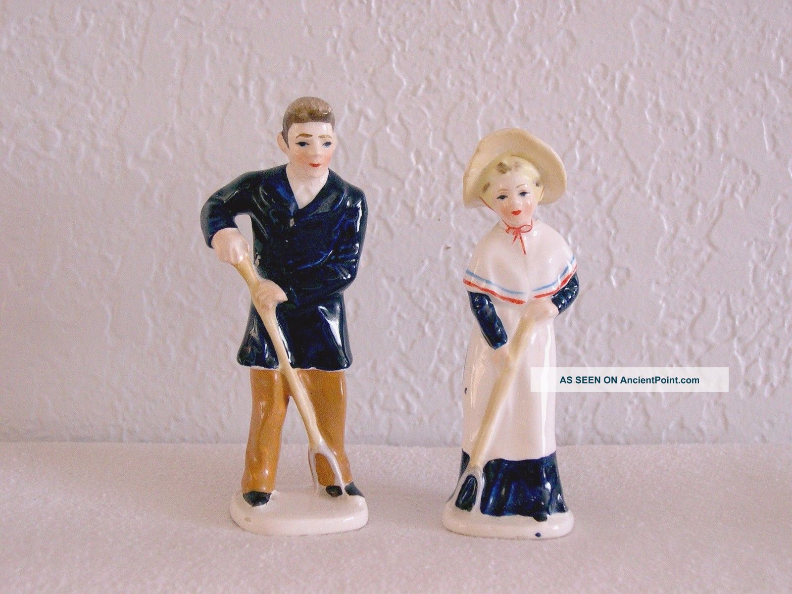 Vintage Japan 2pc Farmer Man & Woman Ceramic Figurine Set Marked Statues photo