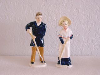 Vintage Japan 2pc Farmer Man & Woman Ceramic Figurine Set Marked photo