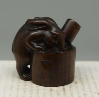 Hand Carved Wooden Netsuke - Rabbit Drinking From Bucket - Mother Of Pearl photo
