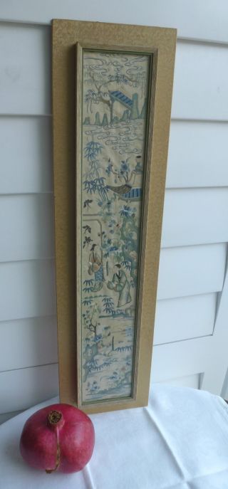 Antique Framed Oriental Silk Textile People Pagoda Bamboo Butterfly Embroidery photo