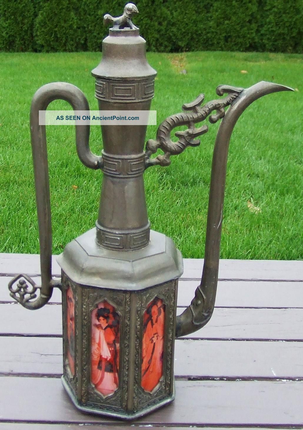 Antique Chinese Pewter Urn Teapot 6 Hand Painted Glass Panels Qing Dynasty Teapots photo