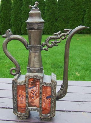 Qing Dynasty Antique Chinese Pewter Urn Teapot 6 Hand Painted Glass Panels Nr photo