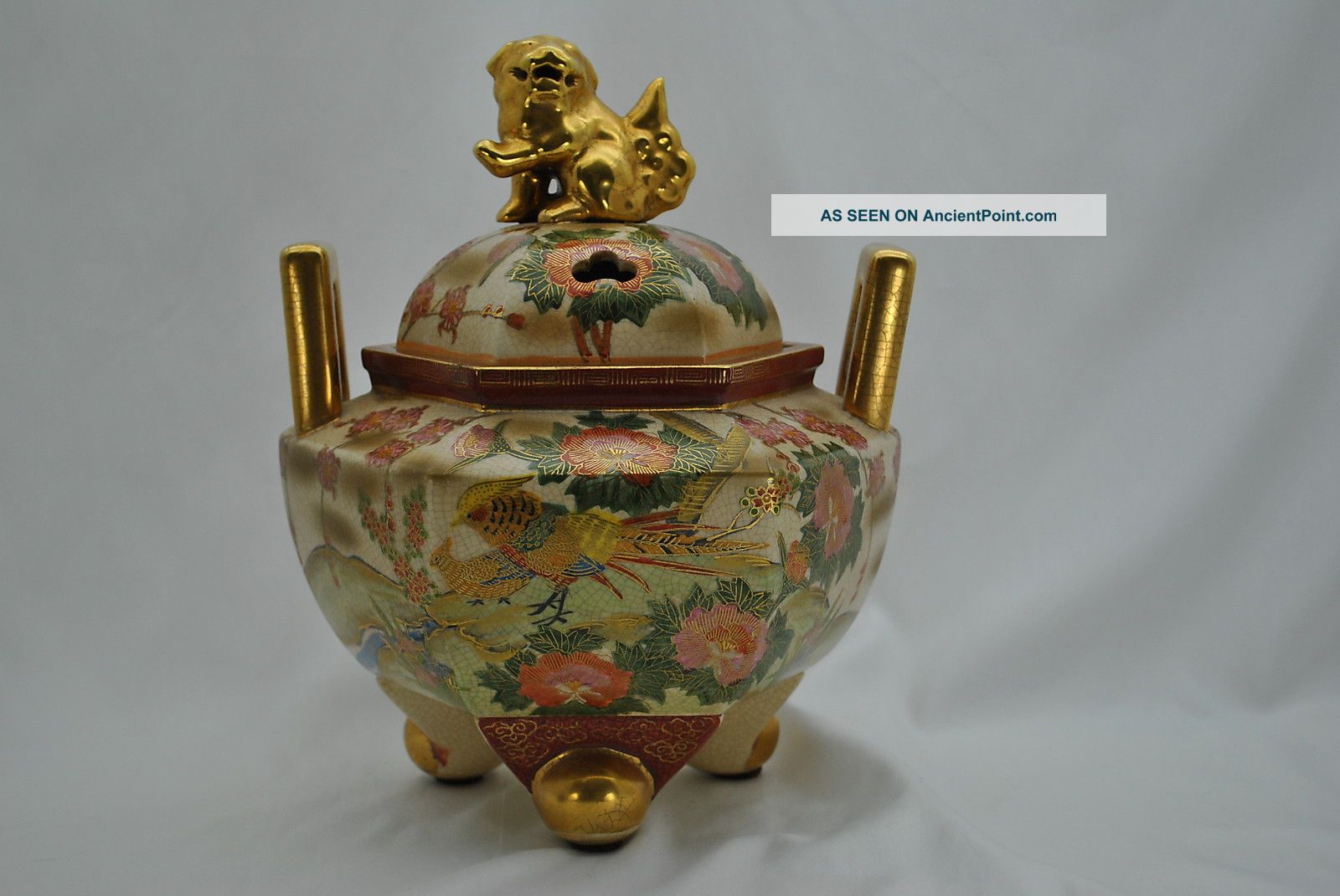 Old Japanese Satsuma Three Leg Censer With Gilded Foo Dog Finial Other photo