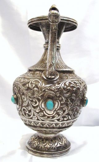 Antique Solid Silver Persian Rose Water Sprinkler W/h Turquoise Gemstones photo