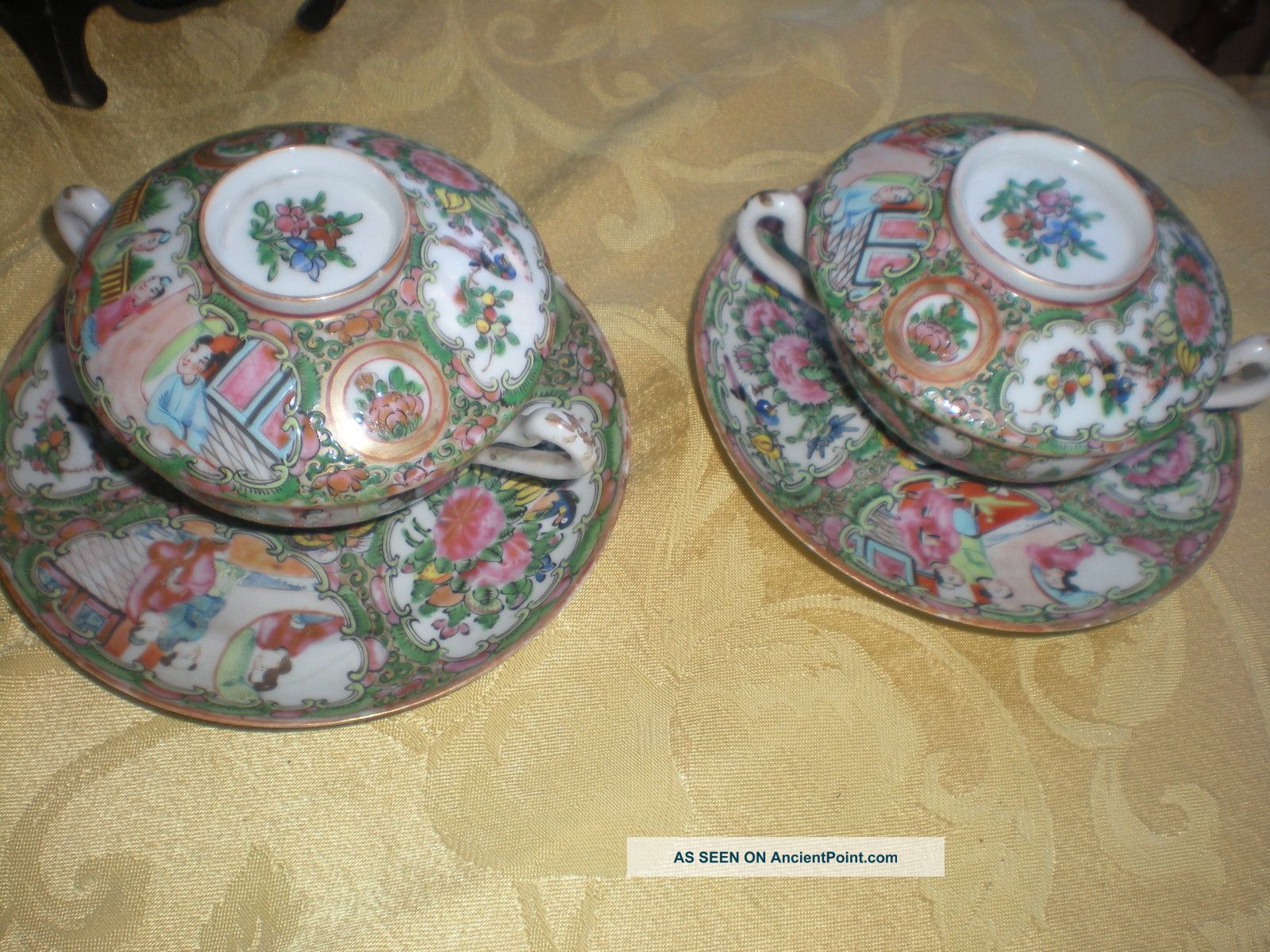 Lot 2 Antique Chinese Rose Medallion Cups Saucers & Covers / Lids 19th Century Plates photo