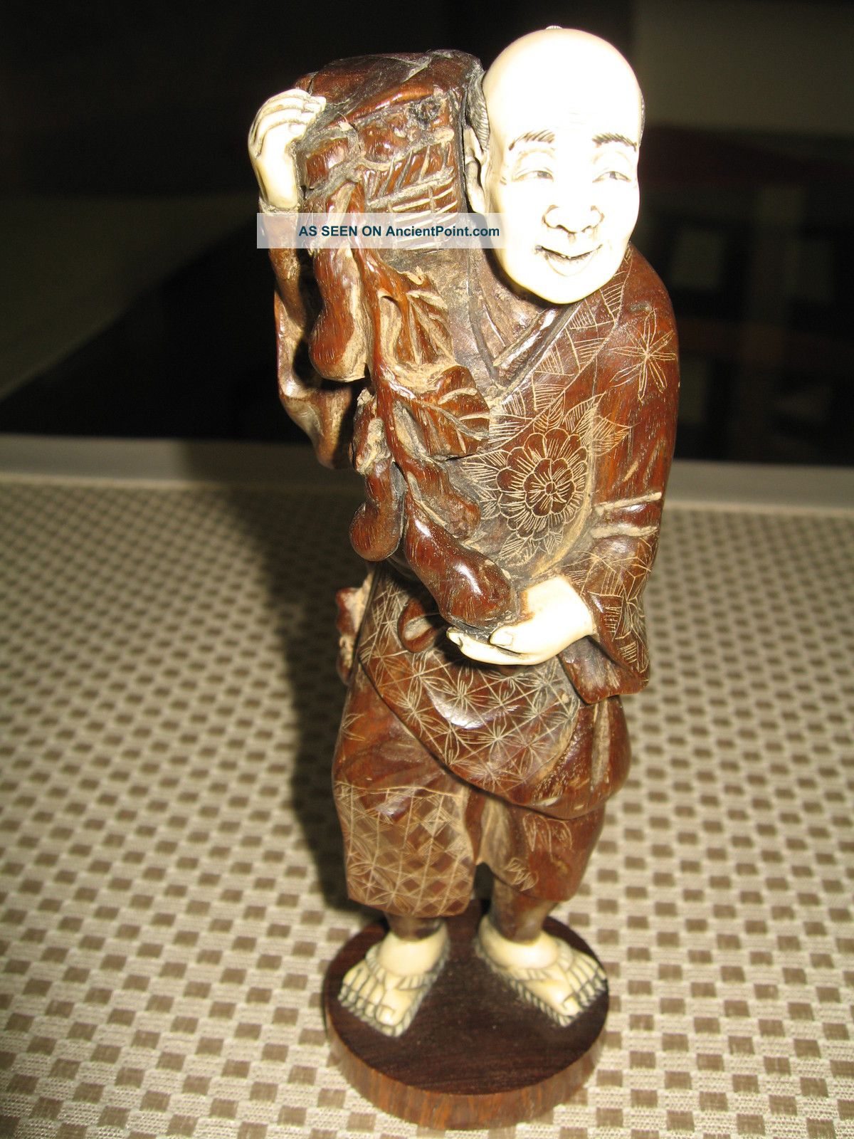 Rare Found Vintage Japanese Okimono Hard Wood W/ox Bone 6 