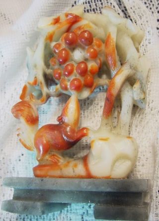 Old Carved Soap Stone Soapstone Figure Red White Squirrel Grapes Grapevine photo