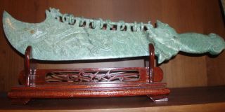 Large Jade Carved Dagger Dragon Decoration & Rings On Wooden Display Stand photo