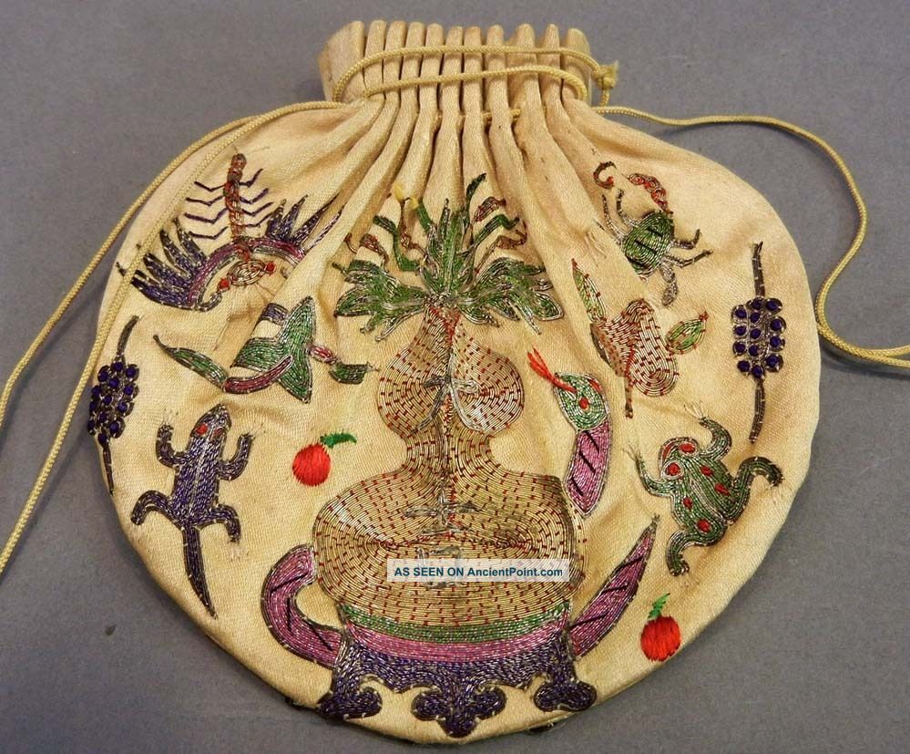 Antique 19thc Chinese Silk Purse Metallic Gold Silver Thread Embroidery Animals Other photo