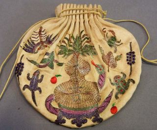 Antique 19thc Chinese Silk Purse Metallic Gold Silver Thread Embroidery Animals photo