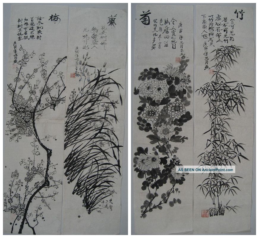 Perfect Chinese Scroll Painting Set Mei Lan Zhu Ju 4 Scrolls Paintings & Scrolls photo