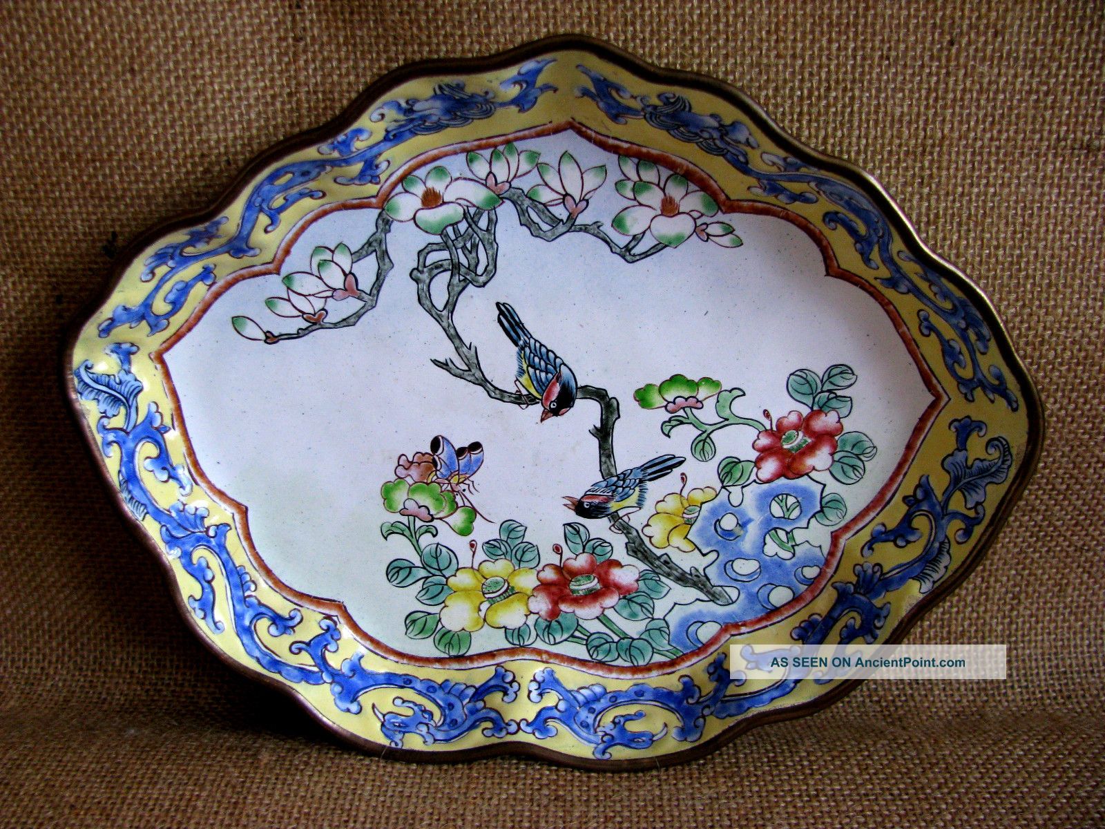 Attractive Chinese Canton Enamel Dish.  Early 1900s Cloisonne photo