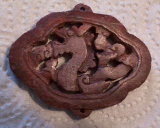 Old Vintage Hand Carved Soapstone Pendant Of A Dragon Serpent & Foliage photo
