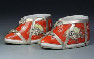 Chinese Old Porcelain Wonderful Handwork Armored Dragon Phoenix Shoes Decoration photo