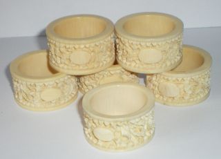 Set 6 Antique Chinese Faux Ivory Napkin Rings Deep Carved C1890 Not Silver Nr photo