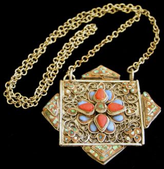 Vintage Tibetan / Nepalese Silver? Filigree Necklace Prayer Box Amulet Ghau Gau photo