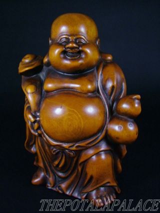Fine Old Chinese 19thc.  Boxwood Carved Statue Laughing Buddha Holding Ruyi photo