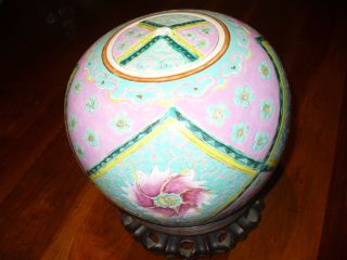 Large Antique Chinese Hand Painted Ginger Jar Famille Rose Wood Stand Lid W/chip photo