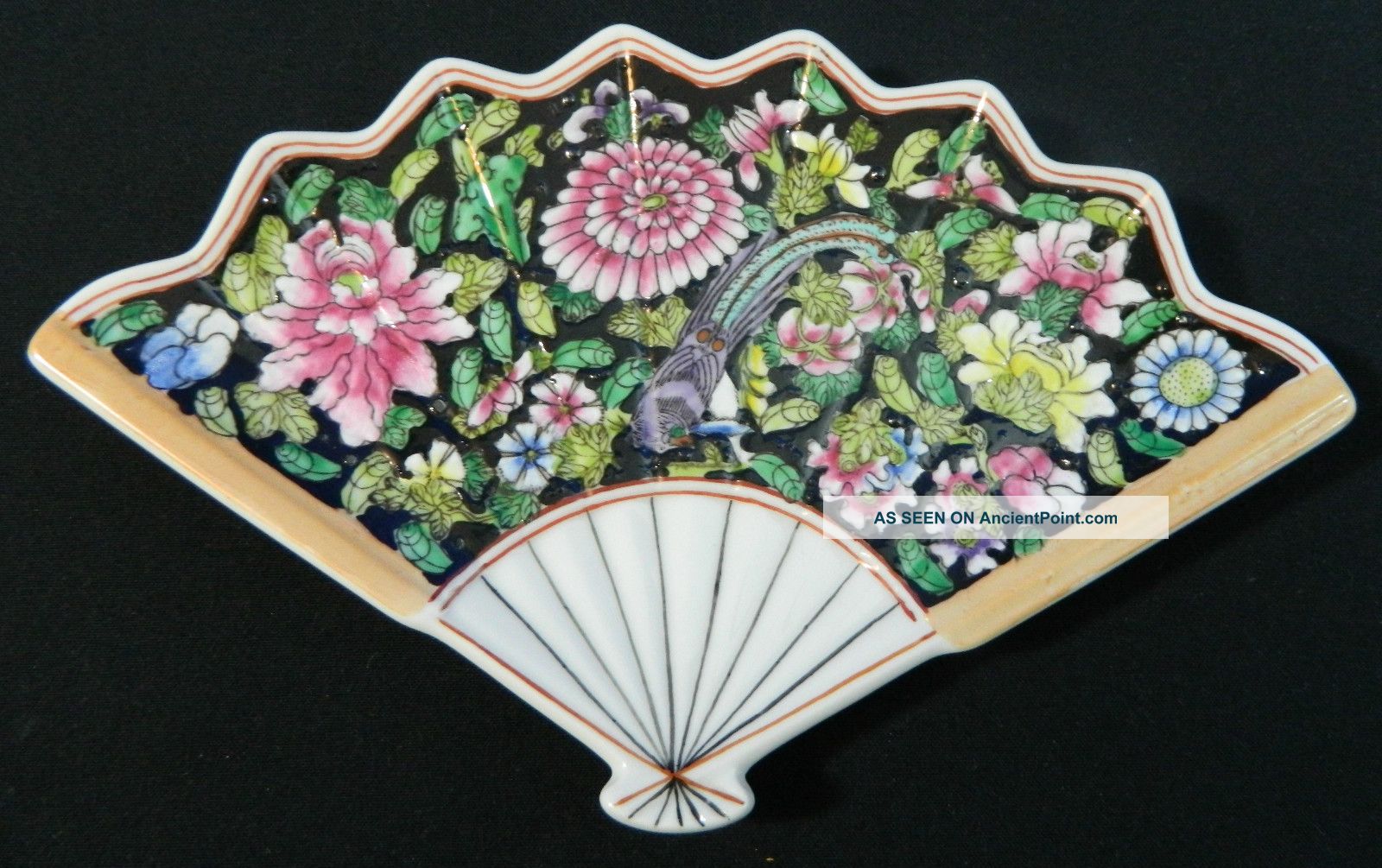 Chinese Mille Fleur Or Millifleur Famille Noir Vintage Plate Fan Shape Plates photo