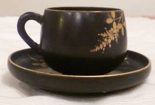 Vintage Japanese Lacquer Wood Tea Cup Black Gold Hand Painted Prunus photo