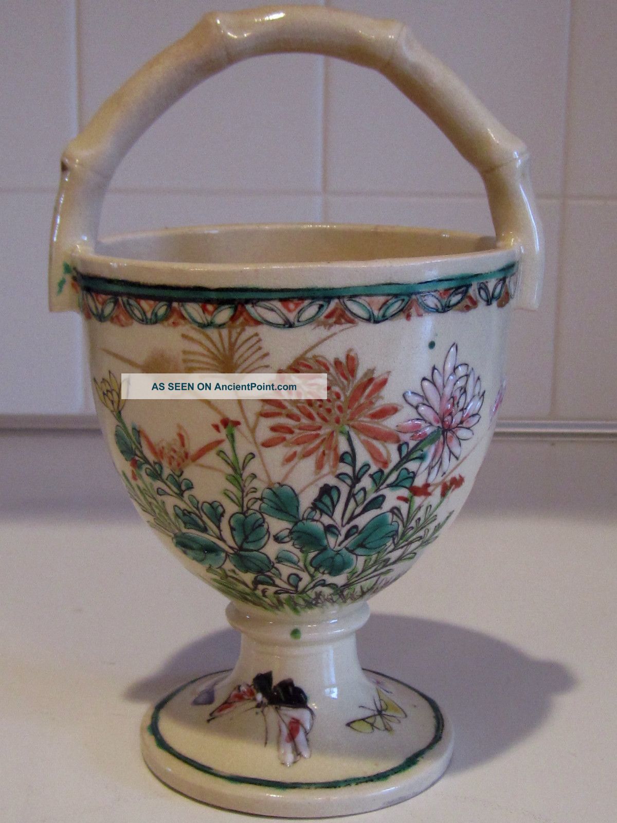 Antique Japanese Ko Satsuma Enamelled Flora Butterflies Basket Signed Other photo