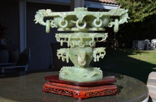 100% Natural Chinese Green Jade Incense Burner & Lid Dragon photo
