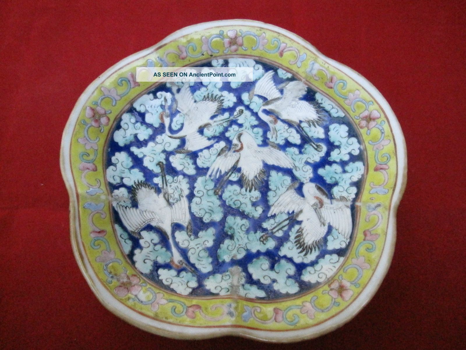 Ching Chinese Tongzhi Famille Rose 5 Sided Footed Bowl Cranes Clouds 19c Mark Bowls photo