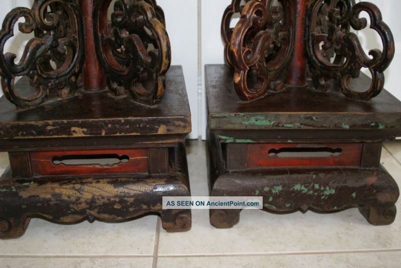 Chinese Pair Floor Elm Wood Candelabra Lantern Candle Stand Qing Red Embroidery Other photo