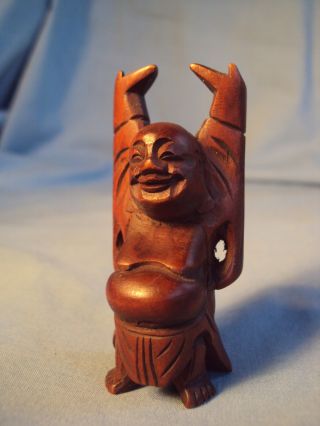 Small Vintage Antique Carved Reddish Wooden Buddha Arms Up Big Belly Oriental photo
